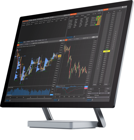 Official NinjaTrader Desktop platform image showing futures charts, an instrument list, and an order ladder